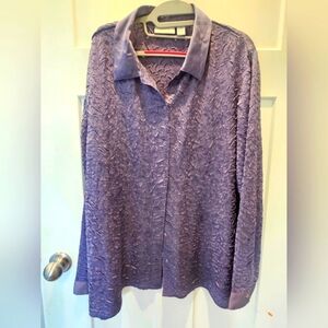 Chico’s Size 3 Purple Crinkle Blouse Satin Trim Button Down XL 16-18